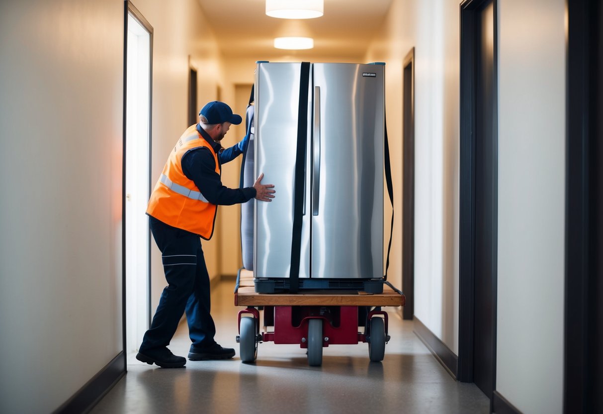 En leveransperson försiktigt lastar en kylskåp på en robust dolly och säkrar den med remmar innan han försiktigt manövrerar den nerför en smal korridor.