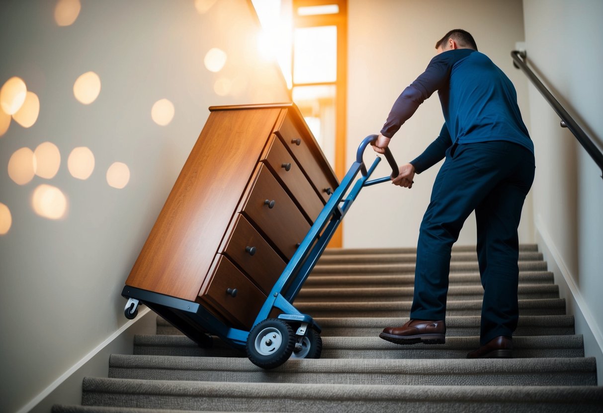 En robust handtruck som lyfter en tung byrå uppför en trappa