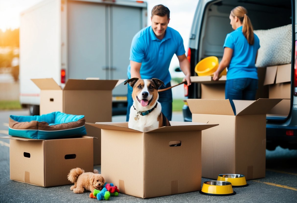 En hund som sitter i en flyttbox omgiven av hundleksaker och en koppel, medan dess ägare packar en hundsäng och matskålar i en flyttbil.