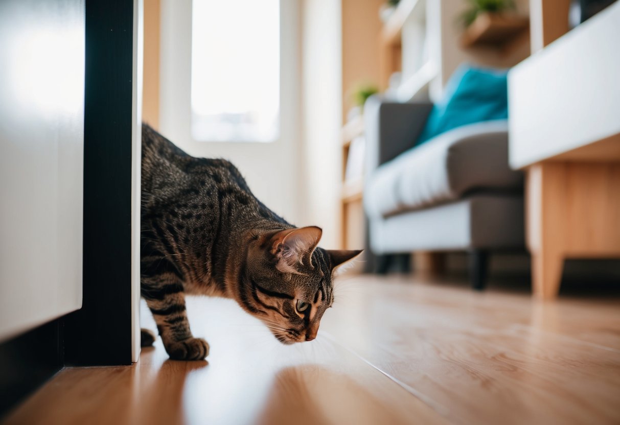 En katt som utforskar ett nytt hem, sniffar runt och kikar fram bakom möbler.