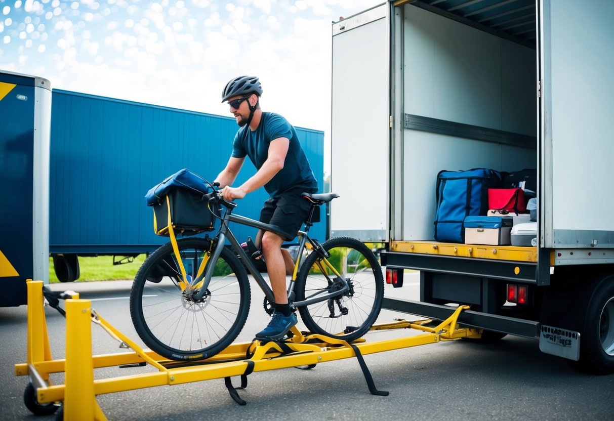 En person lastar en cykel på en rörlig lastbil, säkrar den med spännband och organiserar andra tillhörigheter runt omkring.